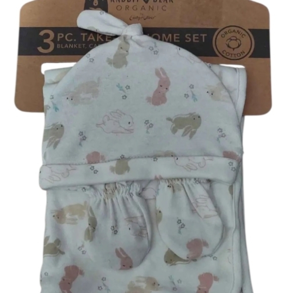 NWT Rabbit & Bear Organic 3 Pc Baby Set with Bunny Print